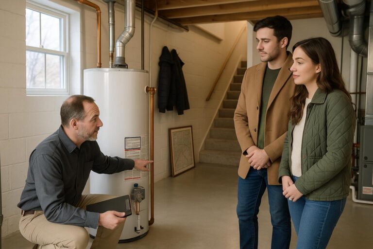 A home inspector shows a young couple the label on an old water heater in a bright Grand Rapids basement during a home inspection.