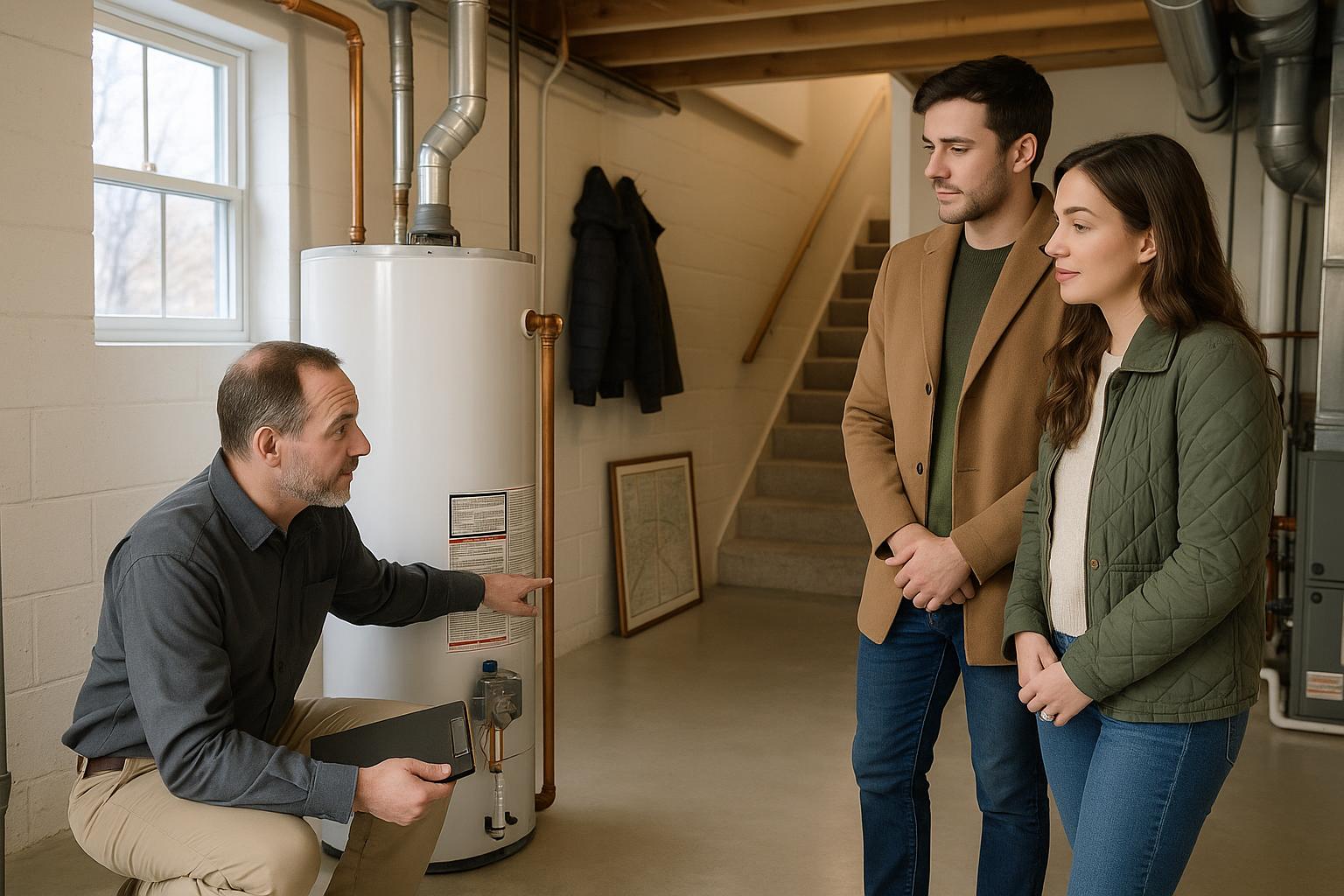 A home inspector shows a young couple the label on an old water heater in a bright Grand Rapids basement during a home inspection.