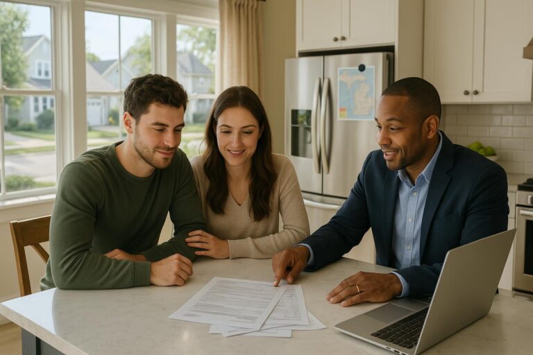 A couple and their real estate agent review utility bills in a sunlit Grand Rapids kitchen, discussing expected home costs.