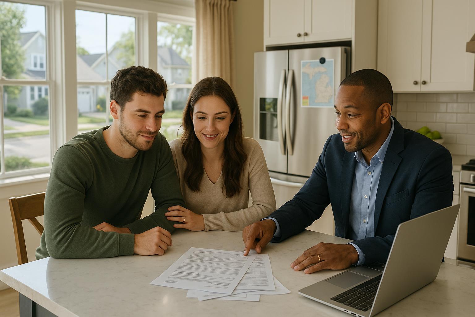 A couple and their real estate agent review utility bills in a sunlit Grand Rapids kitchen, discussing expected home costs.
