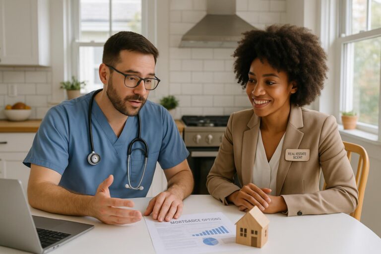 Locum tenens physician and agent discussing mortgage paperwork at a bright Grand Rapids kitchen table