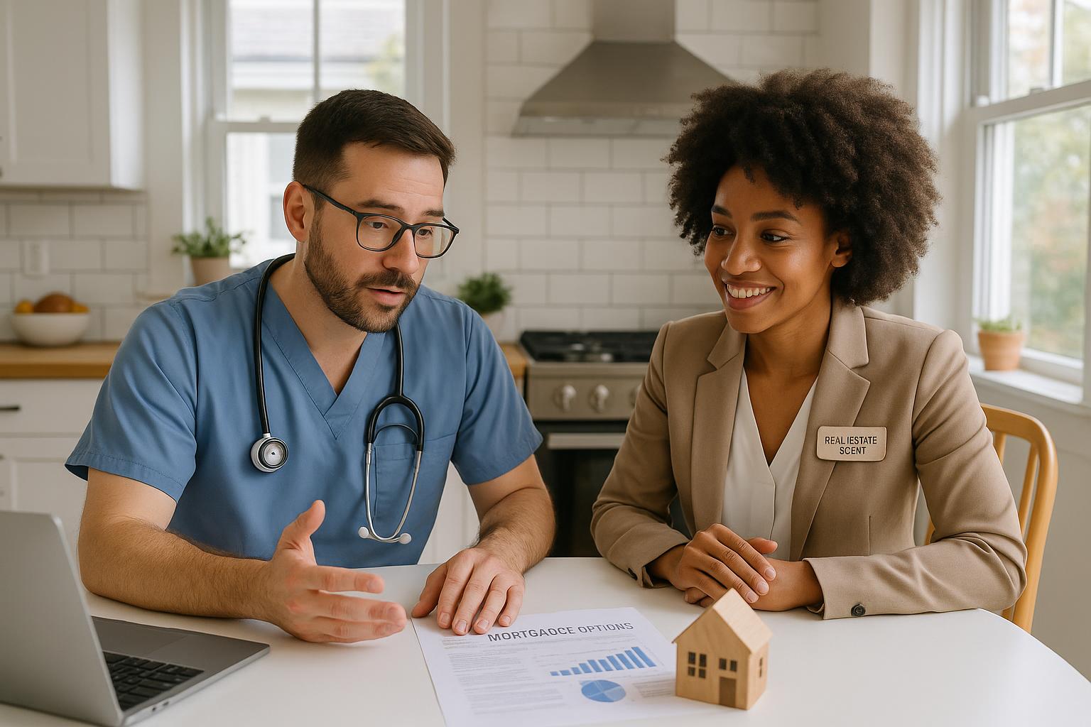 Locum tenens physician and agent discussing mortgage paperwork at a bright Grand Rapids kitchen table
