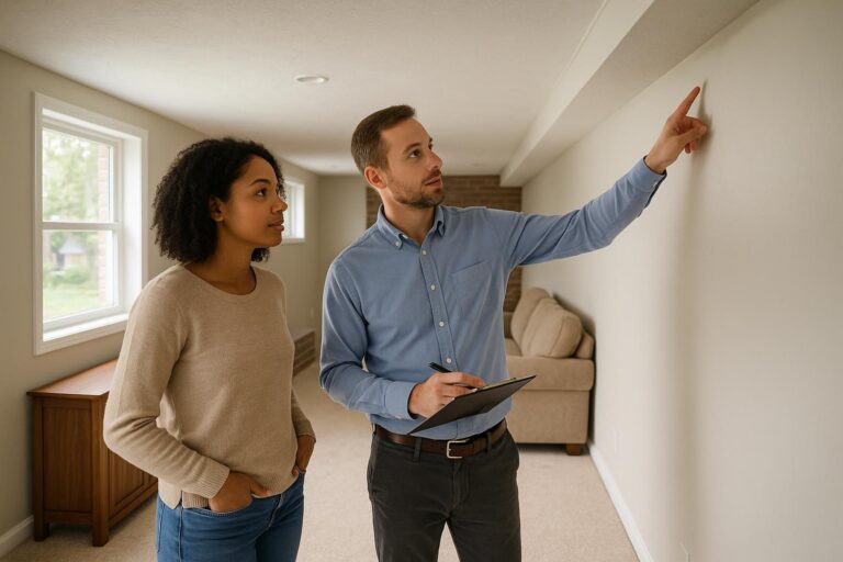A Grand Rapids homebuyer and inspector carefully checking a finished basement for mold during a home inspection, with natural daylight and a welcoming atmosphere.