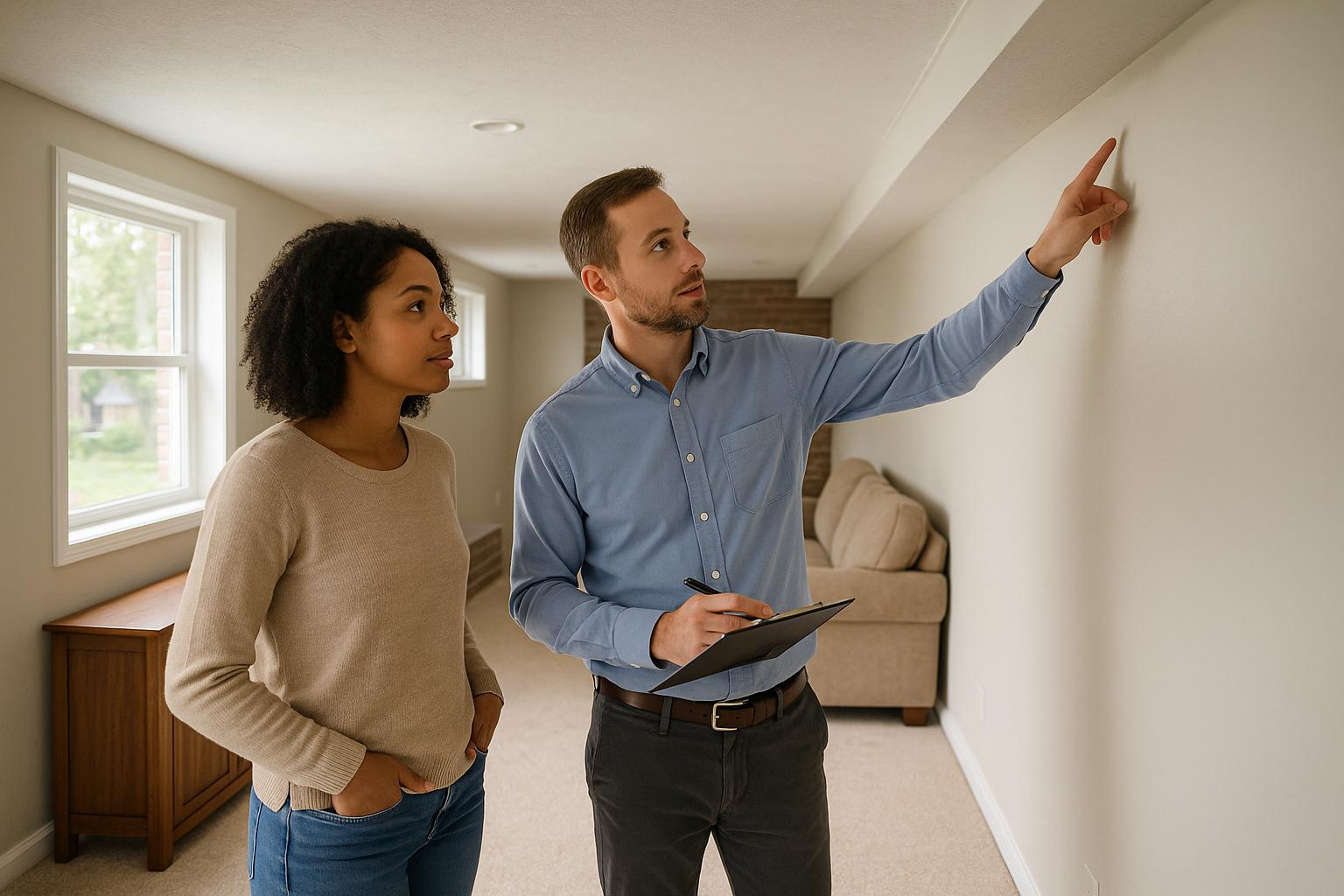 A Grand Rapids homebuyer and inspector carefully checking a finished basement for mold during a home inspection, with natural daylight and a welcoming atmosphere.