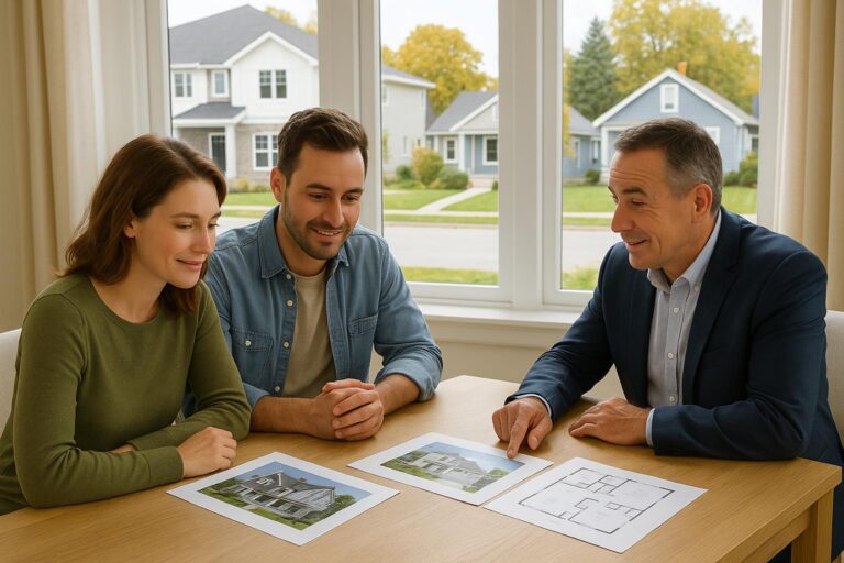 Grand Rapids home buyers with their agent comparing new construction and resale home options at a kitchen table with neighborhood views.