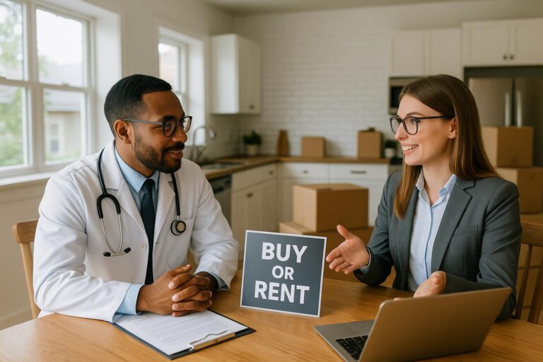 Physician and real estate agent discussing home buying versus renting options in a bright Grand Rapids home with moving boxes and natural daylight.