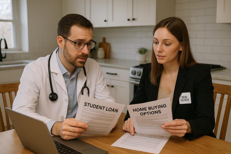 A physician and real estate agent review home buying options and student loan considerations in a bright, naturally lit Grand Rapids home.