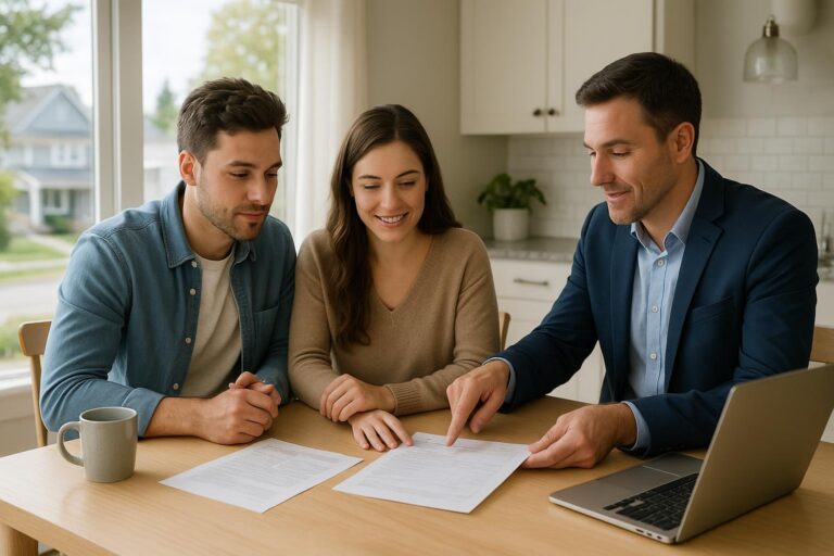 Grand Rapids homebuyers discussing property tax changes with their real estate agent at a kitchen table.