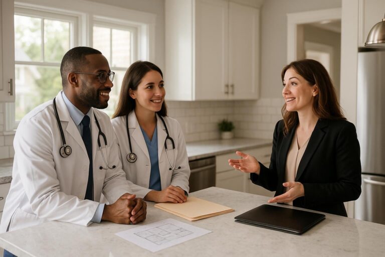 A physician couple and a real estate agent discuss home buying timing at a bright kitchen table in a Grand Rapids home before the start of medical residency.