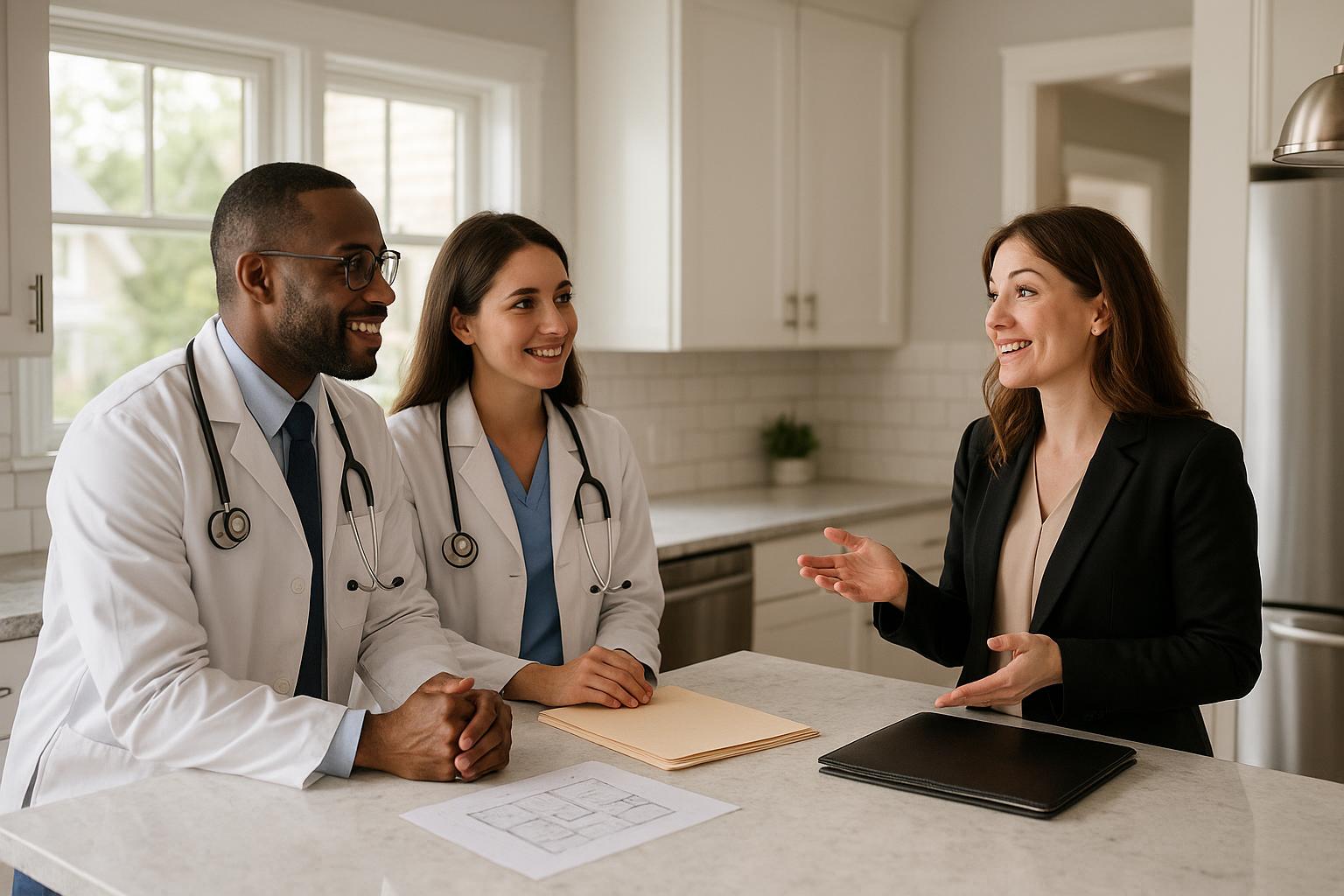 A physician couple and a real estate agent discuss home buying timing at a bright kitchen table in a Grand Rapids home before the start of medical residency.