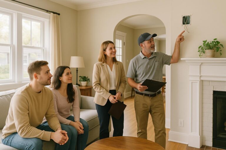 Grand Rapids home inspector and agent discuss unpermitted electrical work with buyers in a well-lit living room.