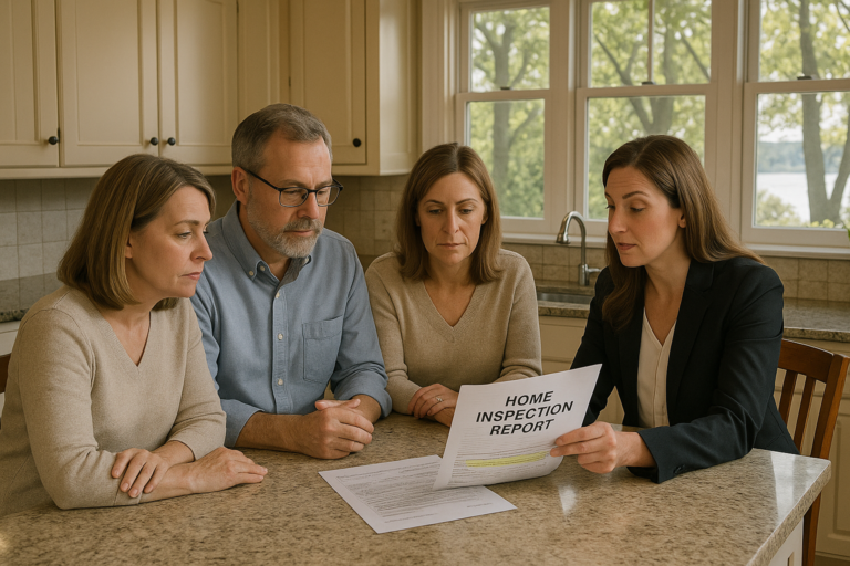 East Grand Rapids homeowners meeting with their agent to review and discuss buyer inspection requests at a kitchen island, with Reeds Lake visible outside.