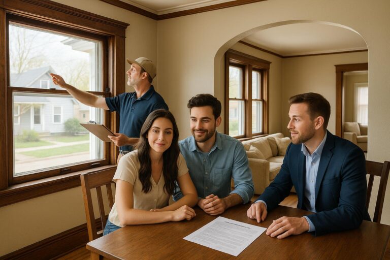 Young couple with agent and inspector reviewing lead-based paint disclosure in a classic Grand Rapids home.