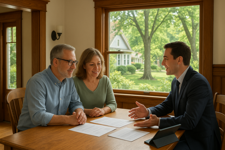 East Grand Rapids couple and listing agent reviewing summer home sale strategy at dining table in a classic older home with mature trees visible outside.