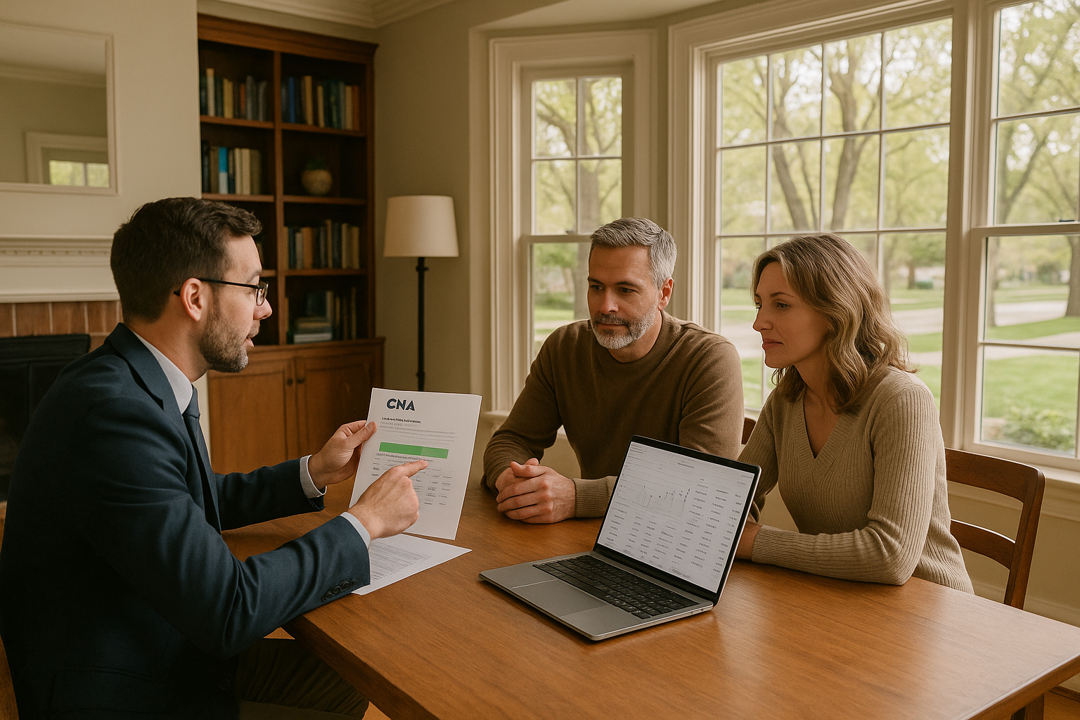 Agent and homeowners reviewing recent East Grand Rapids sales data and discussing listing price options at a wooden table in a classic home with tree-lined street views.