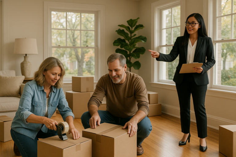 A couple packs moving boxes in a bright East Grand Rapids living room as their real estate agent reviews a staging checklist before listing the home.