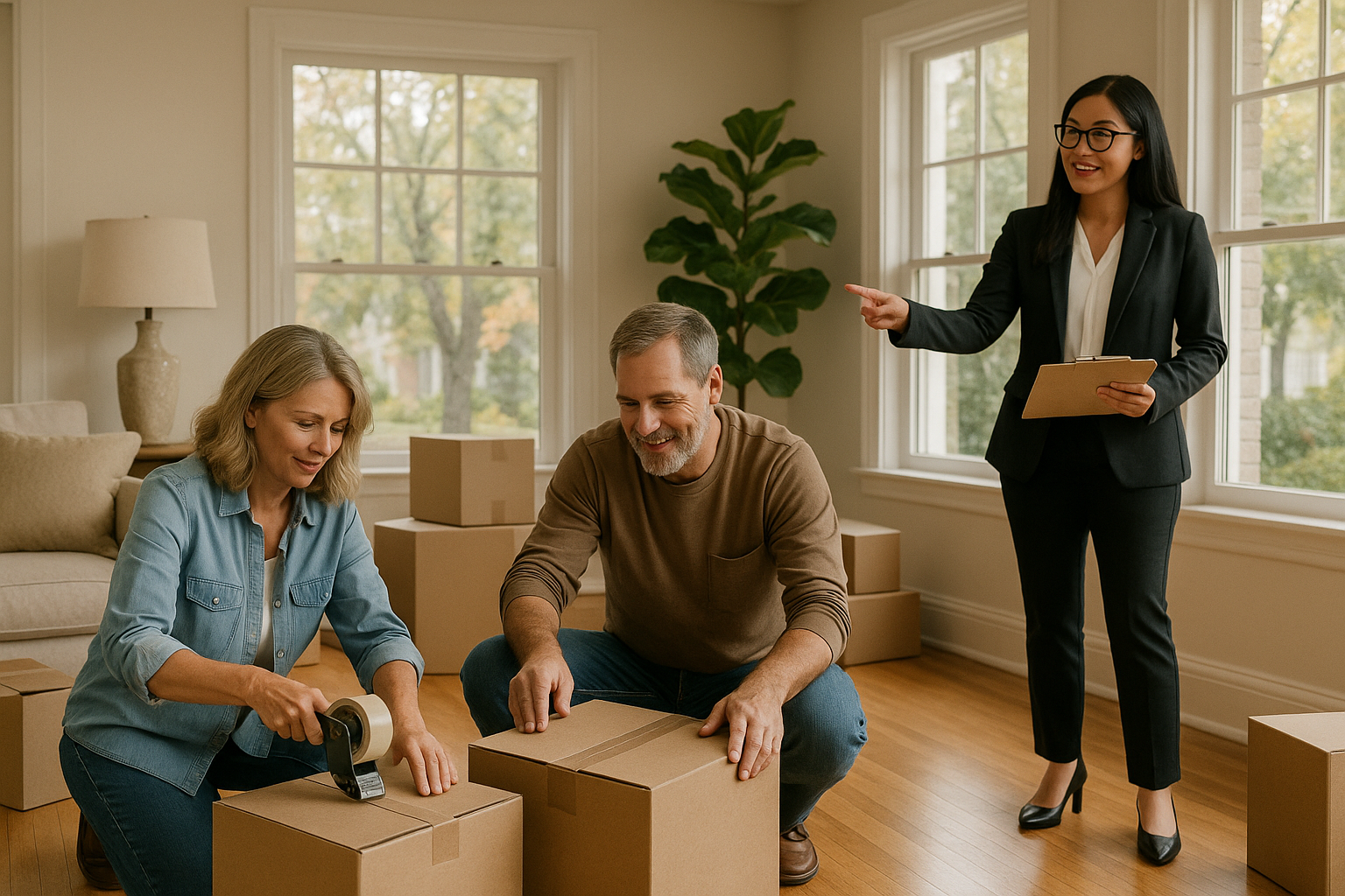 A couple packs moving boxes in a bright East Grand Rapids living room as their real estate agent reviews a staging checklist before listing the home.