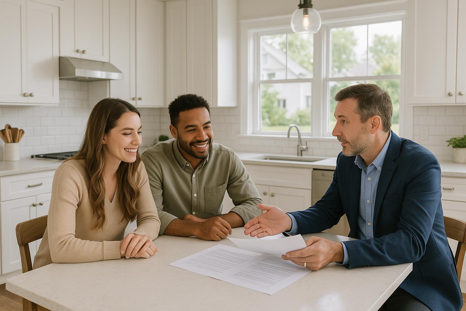 Grand Rapids homebuyers reviewing multiple offers with their real estate agent at a bright kitchen island, considering options in a competitive local market.