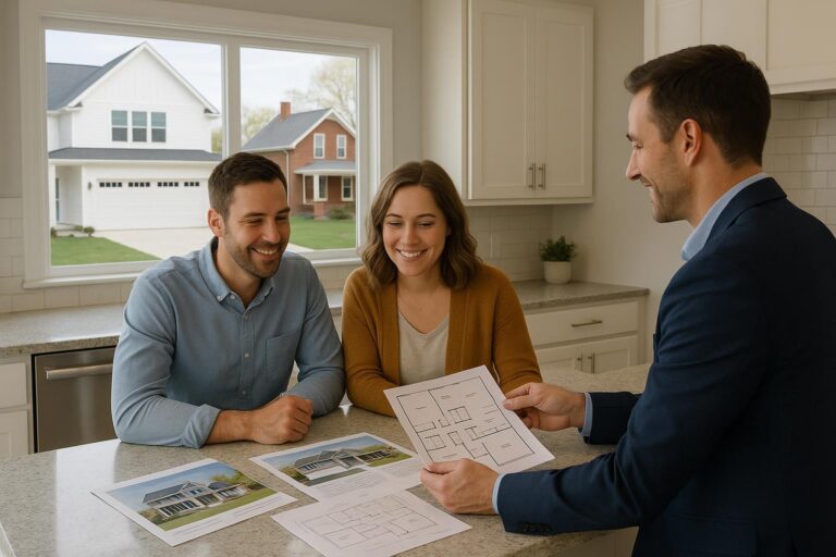 Grand Rapids couple with real estate agent comparing new construction and older home options at a bright kitchen island with both home styles visible outside.