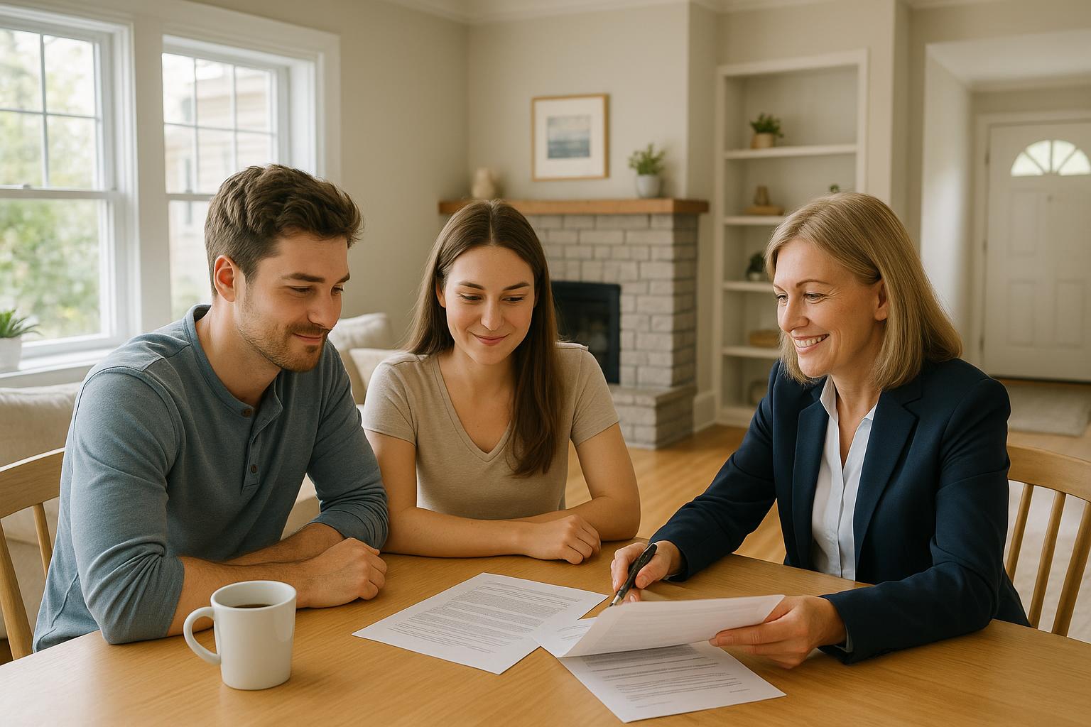 First-time Grand Rapids homebuyers and their agent reviewing owner’s title insurance options together at a bright kitchen table.
