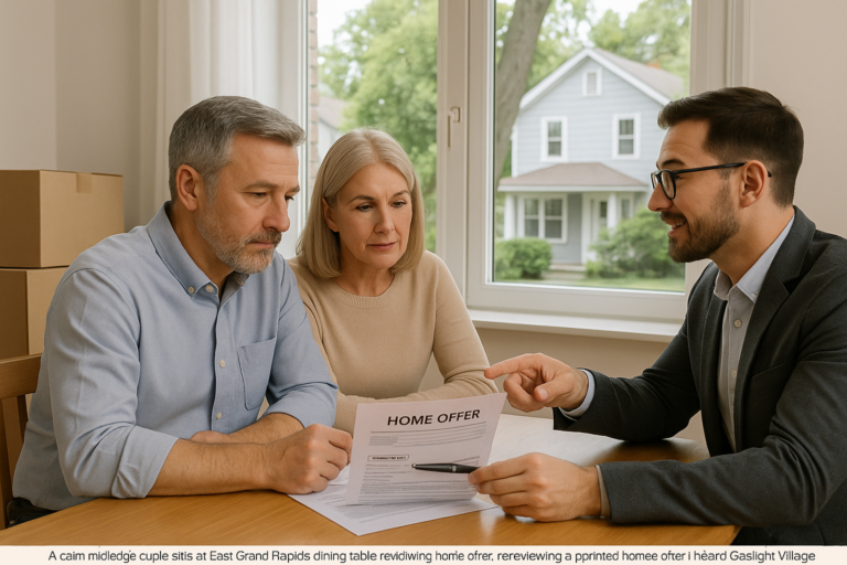 East Grand Rapids home sellers reviewing possession timing details with their agent at a dining table, moving boxes nearby, classic neighborhood visible outside.