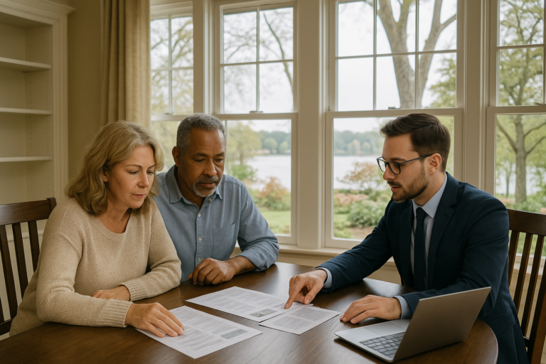 Middle-aged couple and real estate agent reviewing home offers in an East Grand Rapids home with a view of Reeds Lake through the windows.