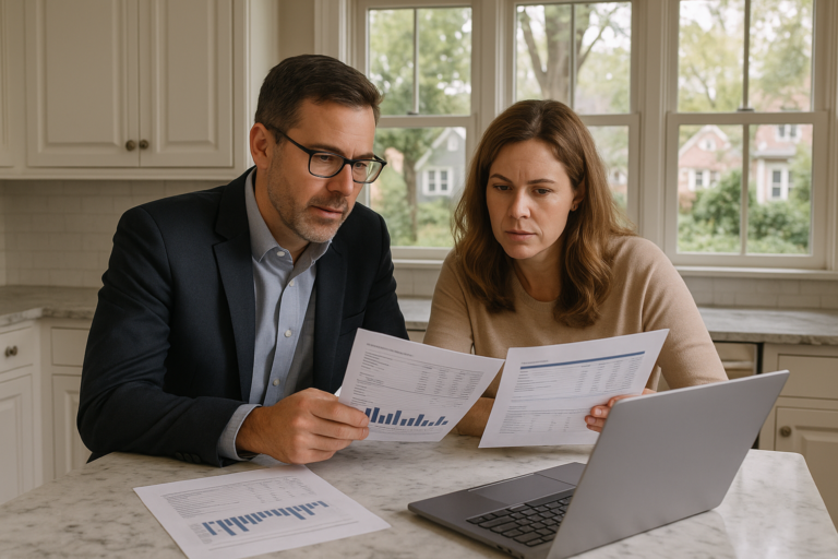 East Grand Rapids homeowners and agent reviewing recent sales data and pricing strategy at a kitchen island with neighborhood homes visible outside.