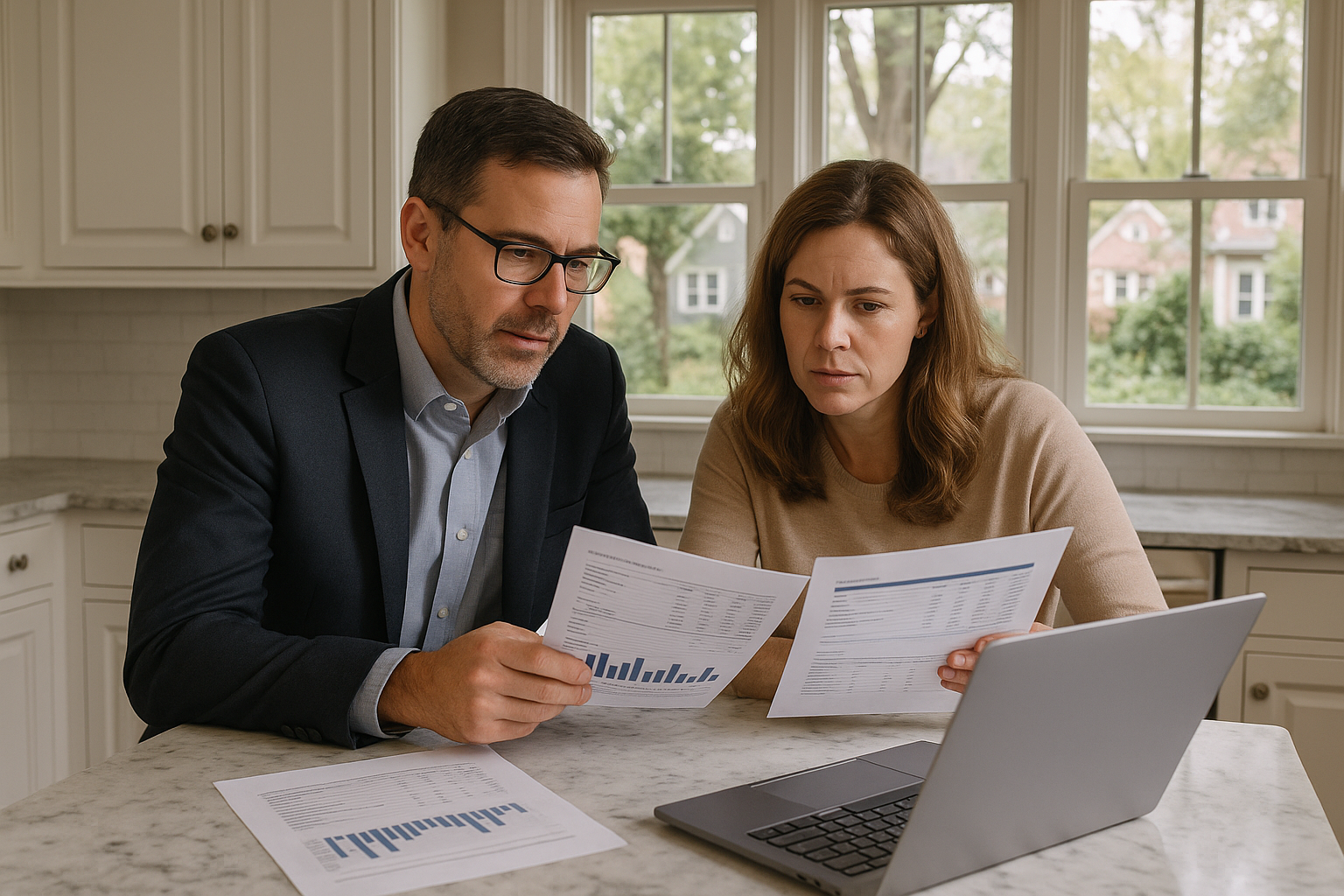 East Grand Rapids homeowners and agent reviewing recent sales data and pricing strategy at a kitchen island with neighborhood homes visible outside.