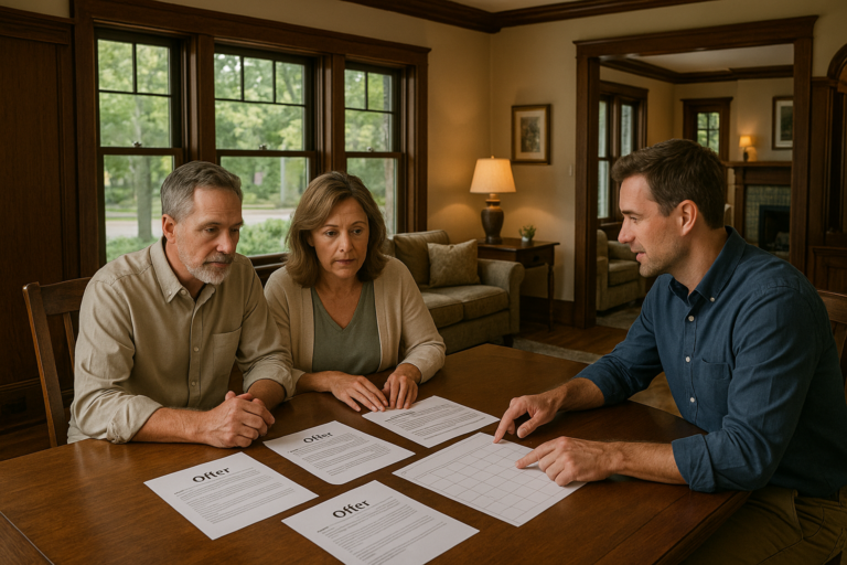 Couple and real estate agent reviewing home sale offers and timing in a classic East Grand Rapids living room with summer daylight.