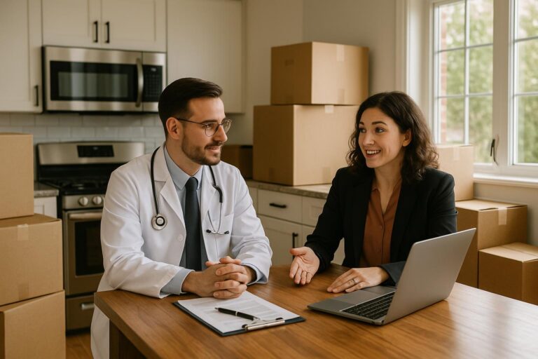Physician and agent discussing Grand Rapids home sale timing and relocation at a bright kitchen table with moving boxes nearby.