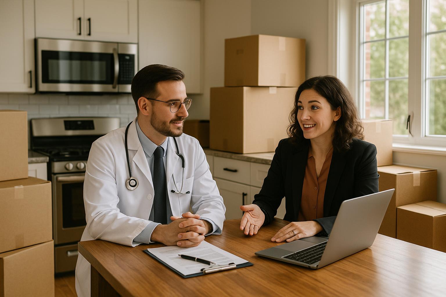 Physician and agent discussing Grand Rapids home sale timing and relocation at a bright kitchen table with moving boxes nearby.