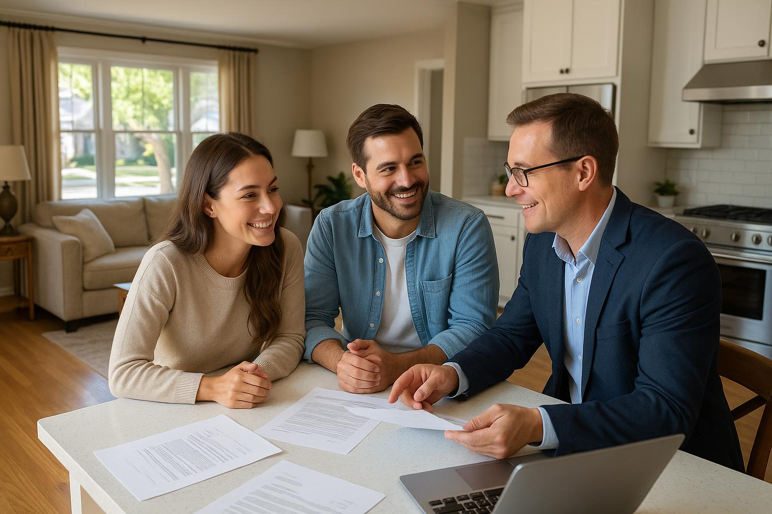 Grand Rapids couple and real estate agent discussing seller concessions at a kitchen island with offer paperwork and a laptop in a sunlit home.