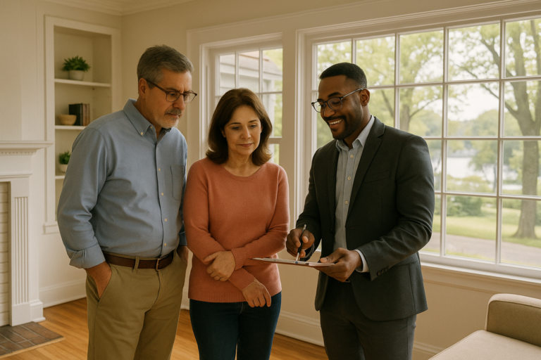 East Grand Rapids homeowners and agent reviewing inspection notes in a classic 1940s home near Reeds Lake, original hardwood floors and mature trees visible.
