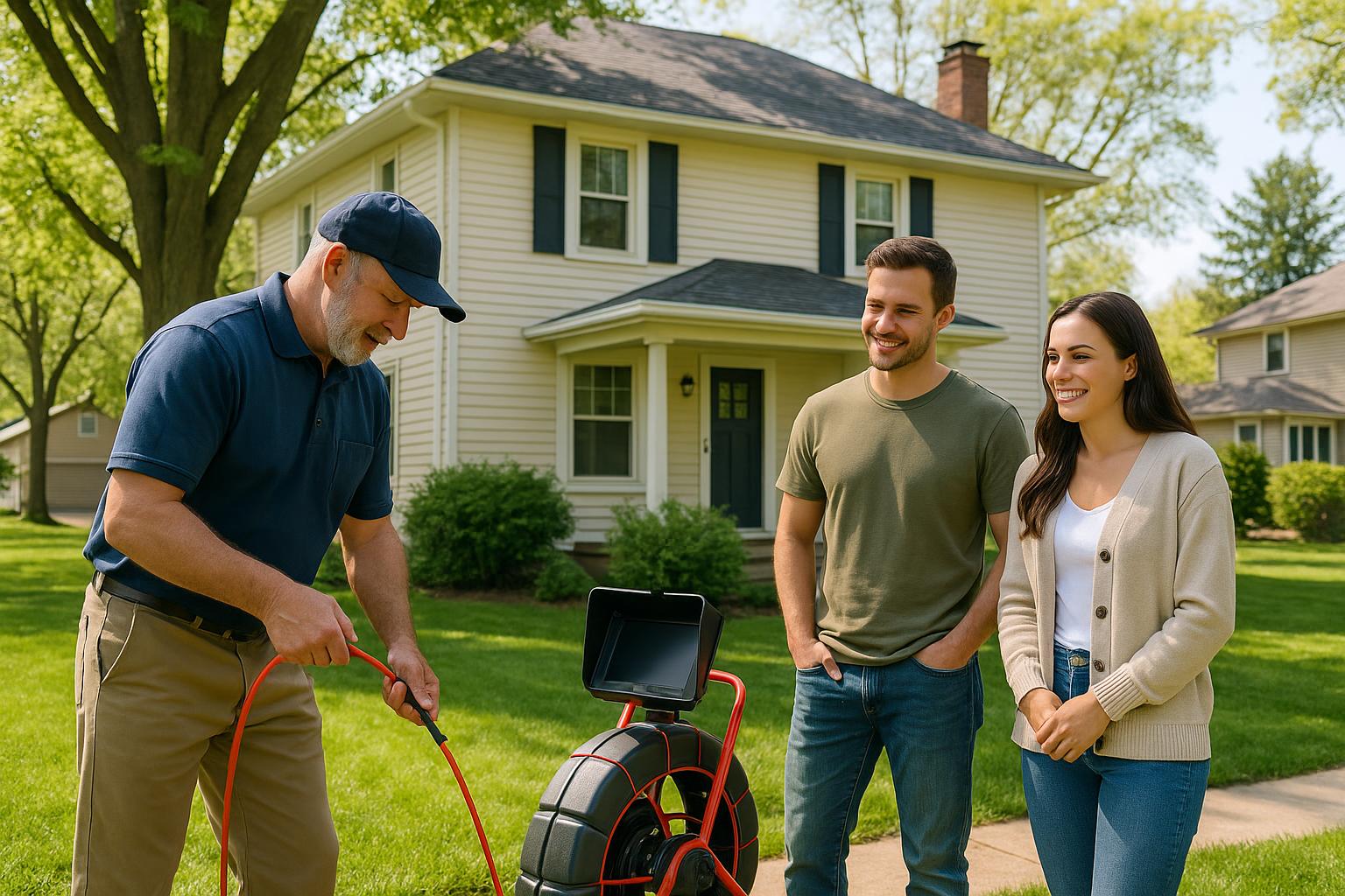 A Grand Rapids home inspector preparing to scope a sewer line while buyers watch outside a classic two-story house.