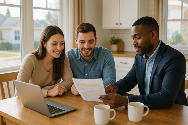 Grand Rapids home buyers reviewing a special assessment notice with their real estate agent at a kitchen table.