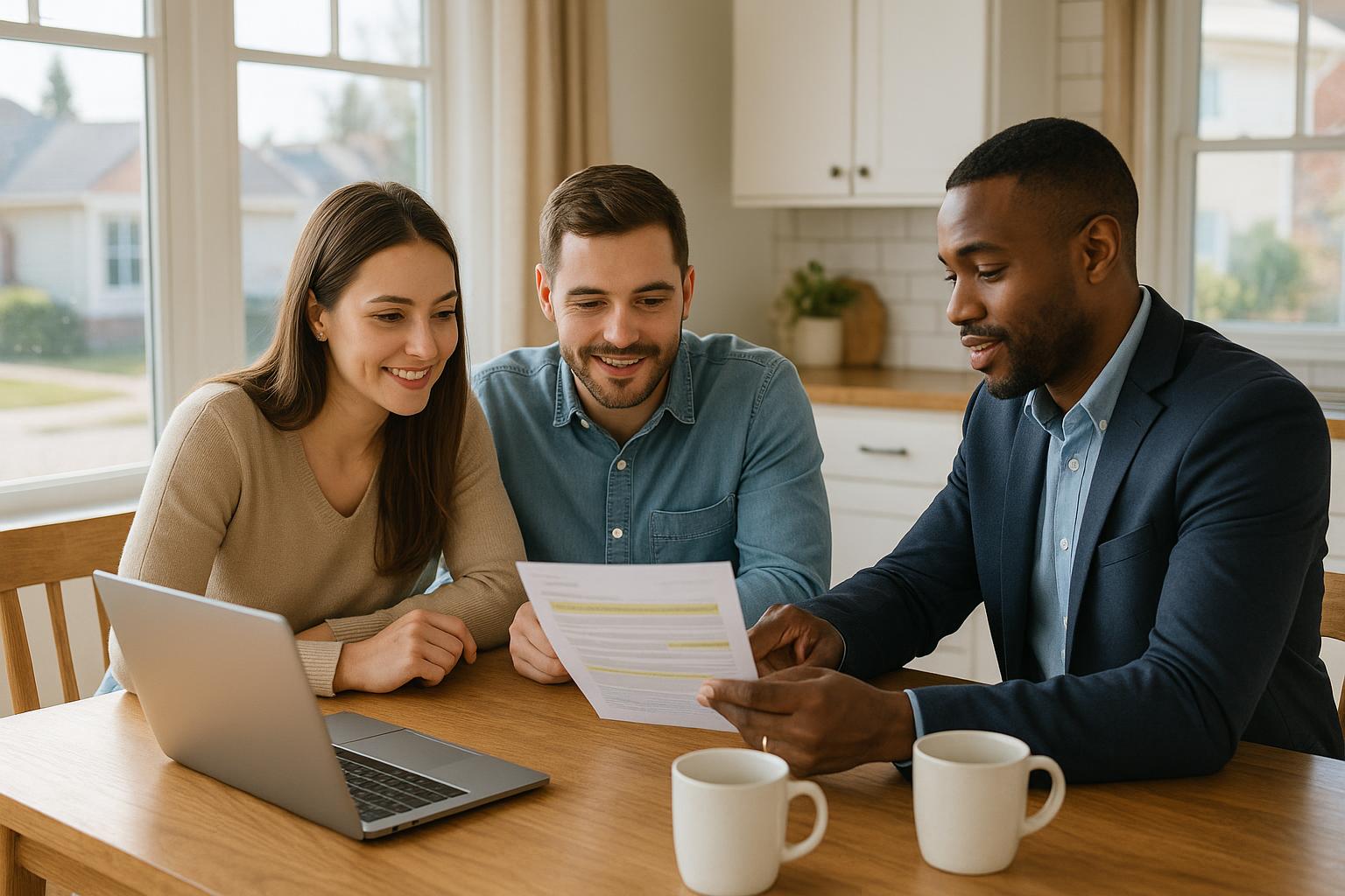 Grand Rapids home buyers reviewing a special assessment notice with their real estate agent at a kitchen table.