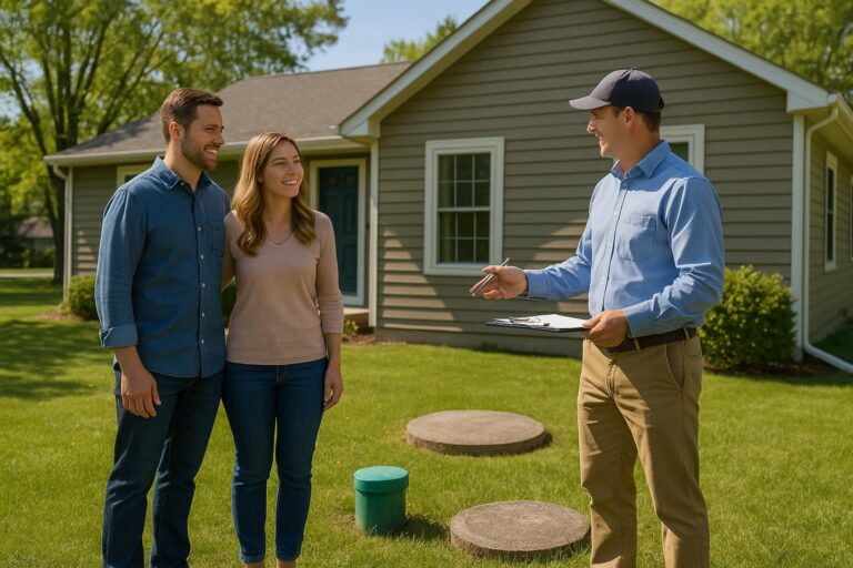 A Grand Rapids home inspector explains a well and septic system to buyers in a sunny suburban yard.