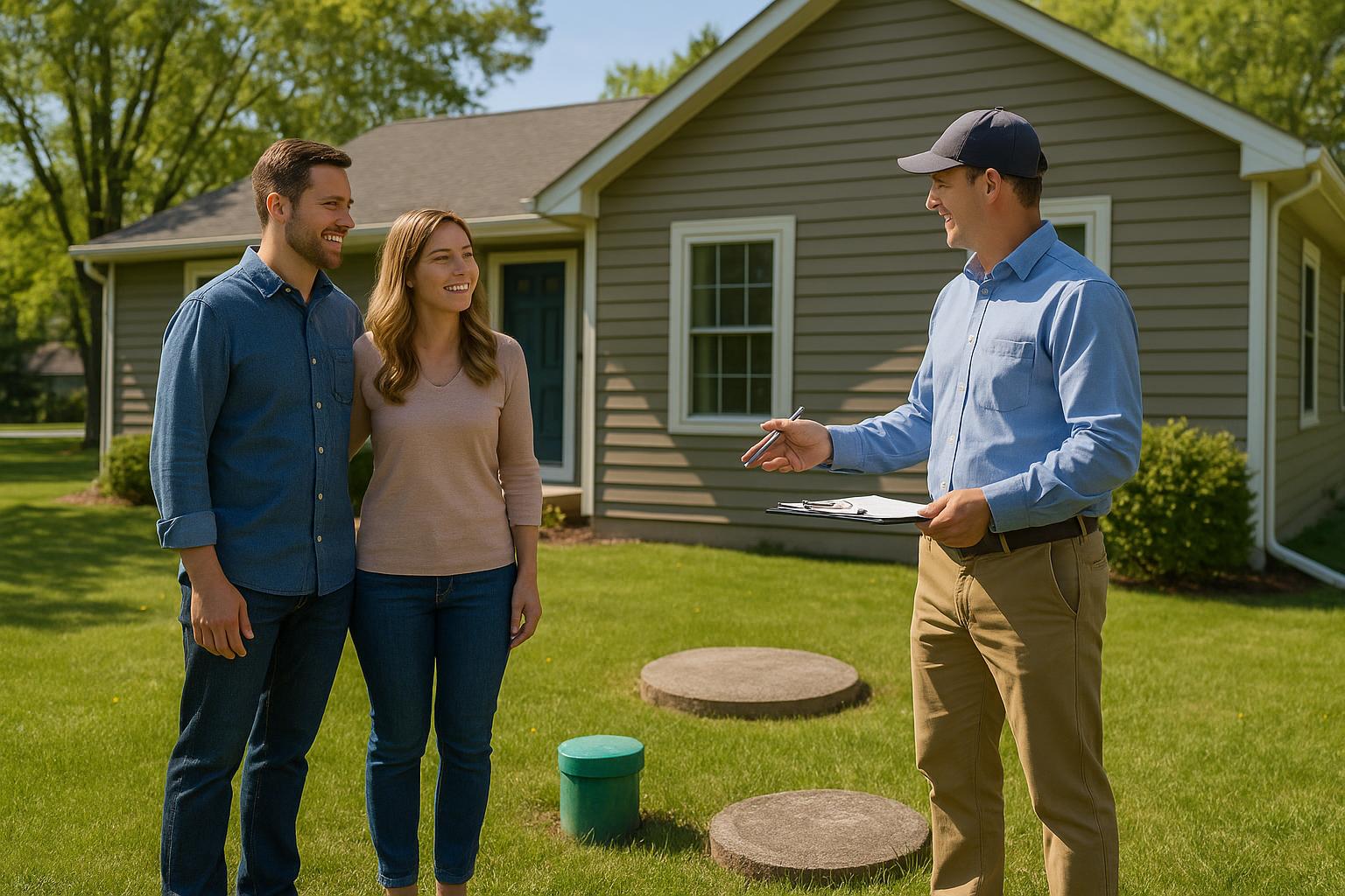 A Grand Rapids home inspector explains a well and septic system to buyers in a sunny suburban yard.