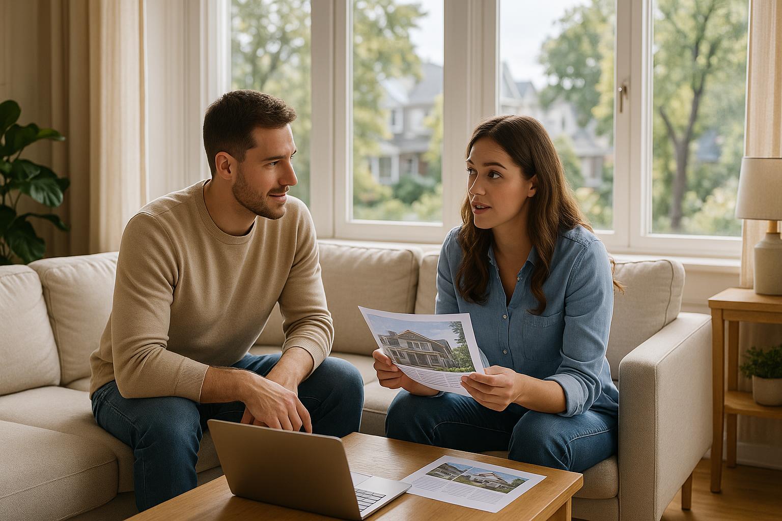 Young couple in a sunny Grand Rapids living room reviewing home listings and discussing when to start their home search.