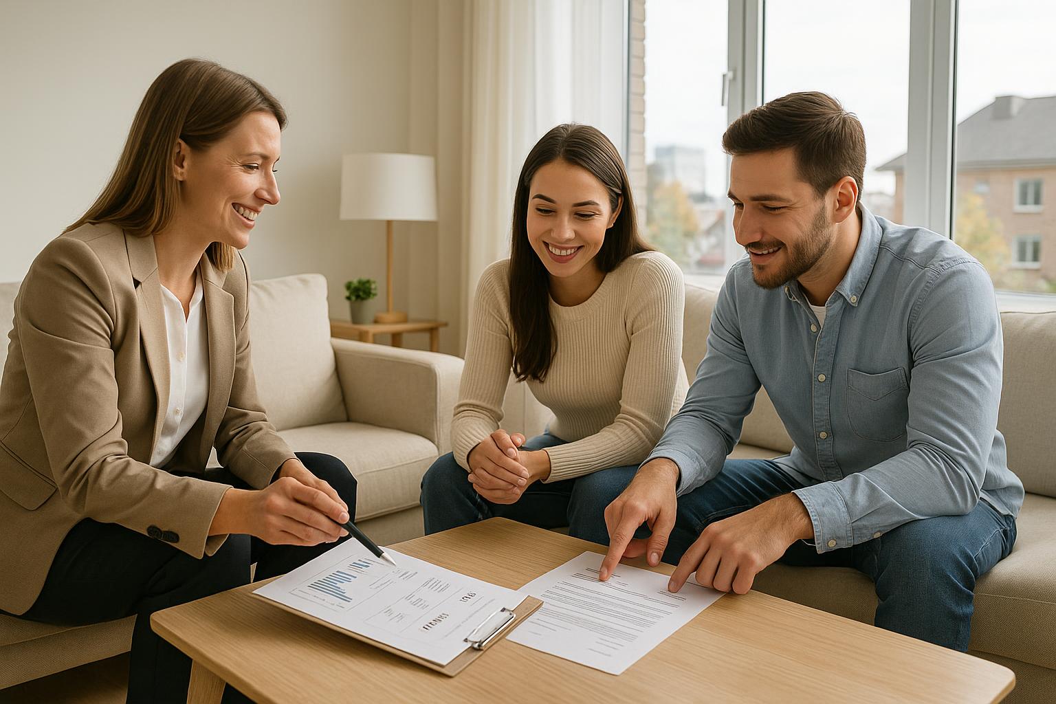A Grand Rapids real estate agent reviews appraisal gap options with buyers in a bright living room.