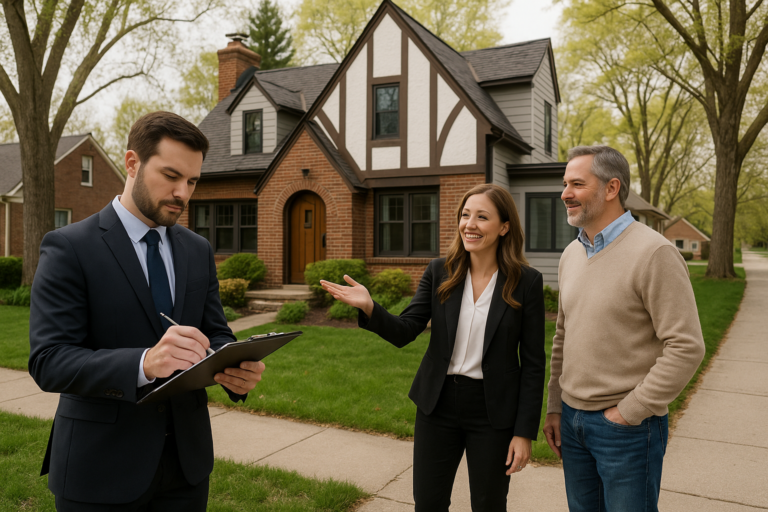 Appraiser and agent discussing valuation of a unique East Grand Rapids home with mature trees and classic neighborhood feel.