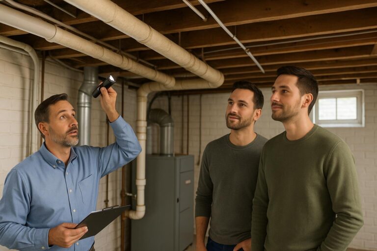 Home inspector pointing out possible asbestos pipe insulation to buyers in a well-lit Grand Rapids basement