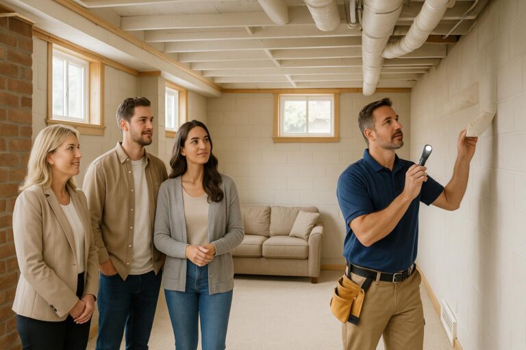 Home inspector checks pipe insulation for asbestos in a Grand Rapids basement as buyers and their agent observe.