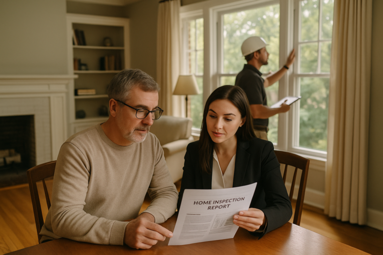 East Grand Rapids homeowner and real estate agent reviewing a home inspection report in a classic living room while a home inspector examines a window.