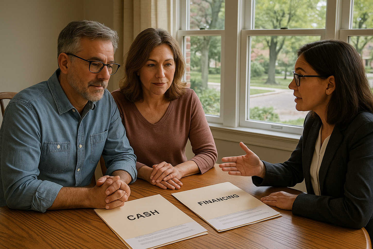 East Grand Rapids homeowners and agent comparing cash and financed offers at a dining table, with mature trees and classic neighborhood features visible outside.