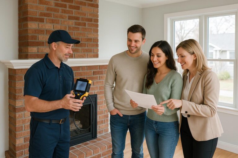 A chimney inspector reviews a chimney camera report with buyers and their agent in a bright Grand Rapids living room with a brick fireplace.
