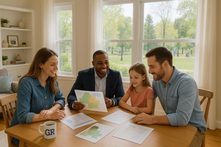 A young family and their agent review Grand Rapids school district maps and school ratings in a bright, welcoming home.