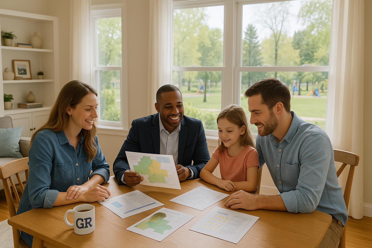 A young family and their agent review Grand Rapids school district maps and school ratings in a bright, welcoming home.