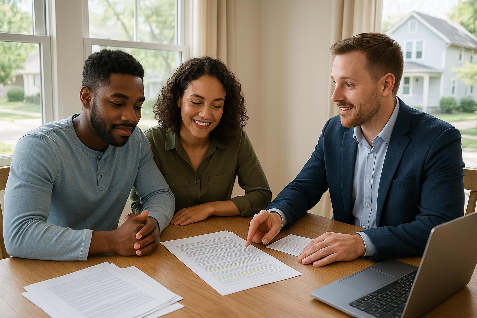 A couple and their Grand Rapids real estate agent reviewing contract contingencies in a home purchase agreement at a sunlit dining table.