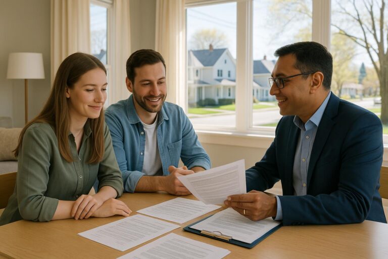 Grand Rapids home buyers sitting with their agent at a kitchen table, reviewing deed and title documents in a bright, welcoming West Michigan home.